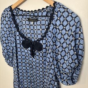 Andrew GN Women's 40 (Sz 8) Silk Blouse Blue Ric Rac Square Pattern Puff Sleeve